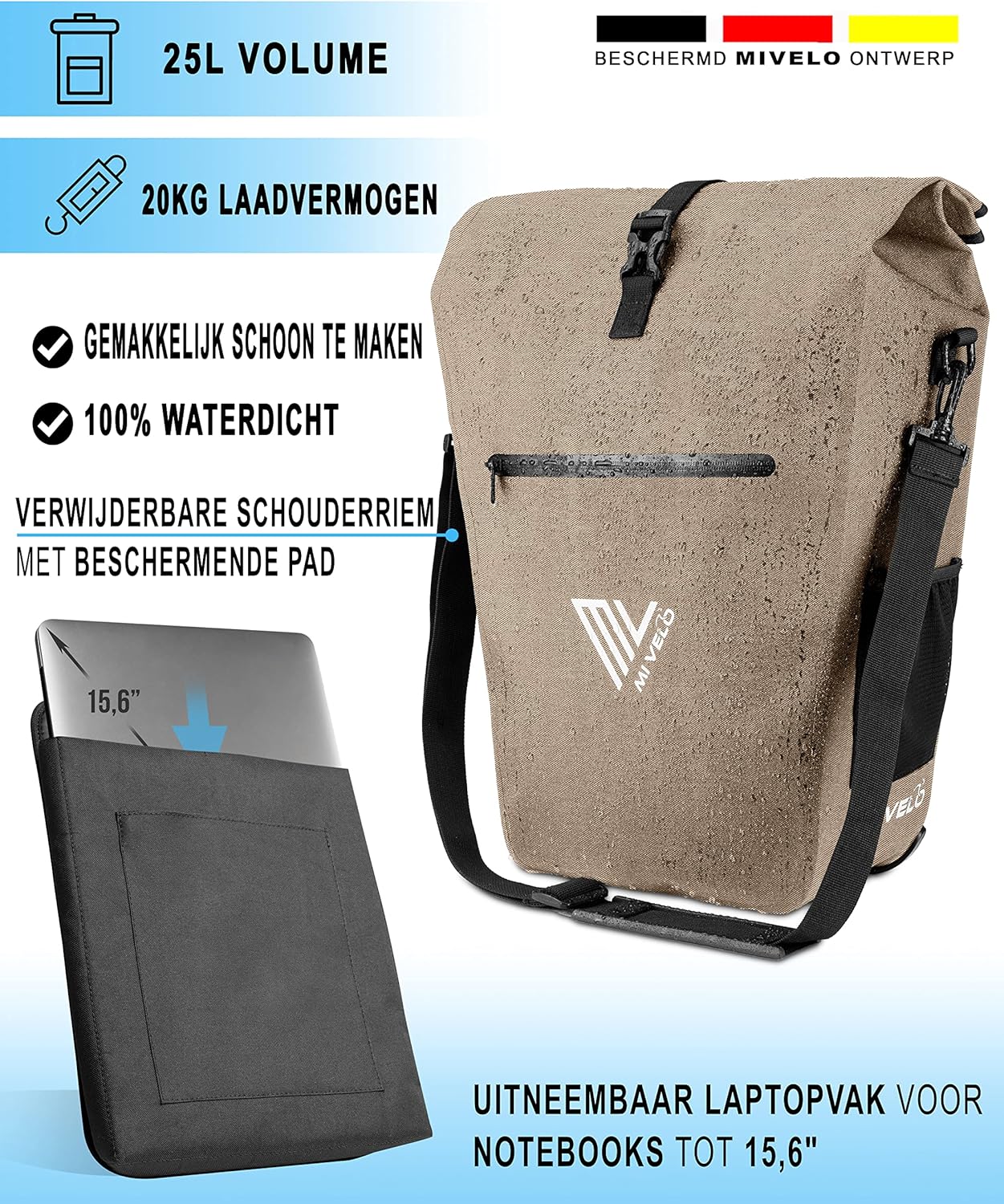 MIVELO Fahrradtasche für den Gepäckträger – 100 % wasserdicht, PVC-frei, Laptopfach, sandbeige