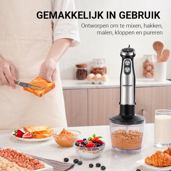 Safecourt Kitchen - 6-teiliges Stabmixer-Set - Inklusive Milchaufschäumer & Messbecher - Zerkleinerer - 1000 Watt - 20 Geschwindigkeiten