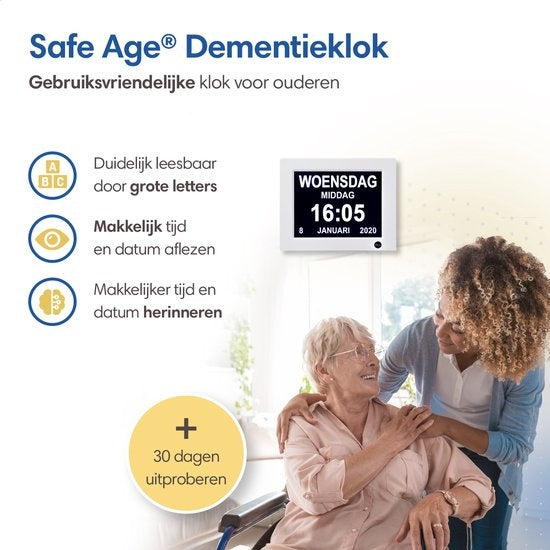 SafeLife Demenz-Uhr XL - Digitale Kalenderuhr - Mit Datum und Tag - Medizinischer Wecker, Alarmfunktion & Bilderrahmenfunktion - Alzheimer-Uhr / Senioren-Uhr