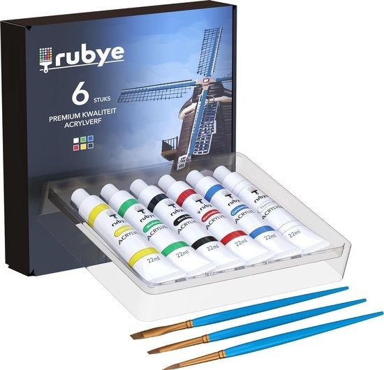 RubyeÂ® Acrylfarbe - Malen - Pinsel - Hobby und Kreativ - Malen nach Zahlen - 22ML Tuben - 6 Farben