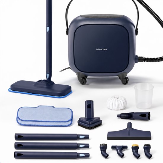 Samako Halo Dampfreiniger 1500 W – Bodenreiniger mit einstellbarer Dampfleistung – 15 Zubehörteile – 40 Min. Dampfreinigung – Fugenreiniger für Bad und Küche – Blau