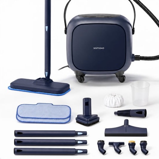 Samako Halo Dampfreiniger 1500 W – Bodenreiniger mit einstellbarer Dampfleistung – 15 Zubehörteile – 40 Min. Dampfreinigung – Fugenreiniger für Bad und Küche – Blau