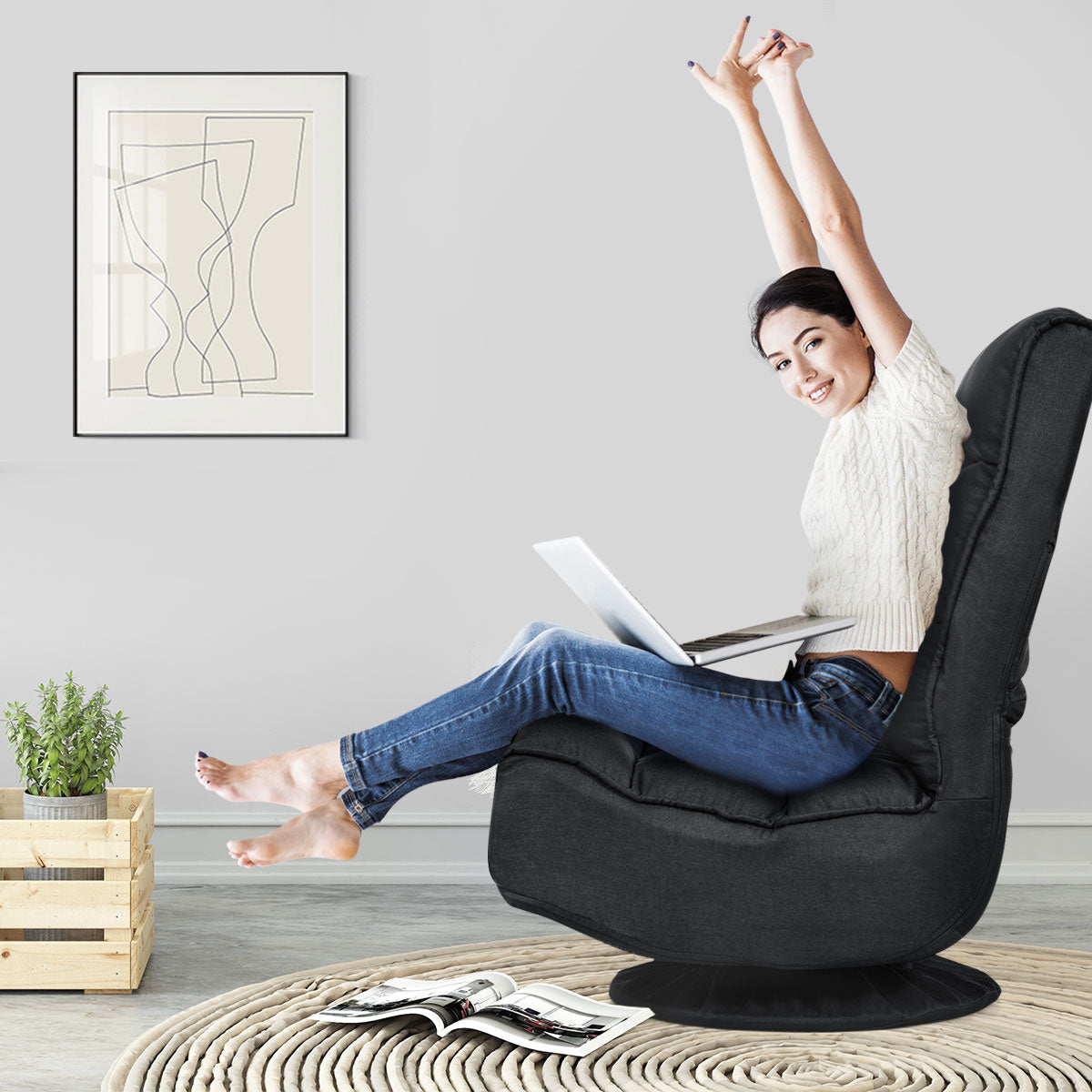 Coast Relax Armchair Bodensessel - Drehbar, klappbar, Max. 150 KG - 59 x 75 x 83 cm - Stoff/Eisen - Schwarz