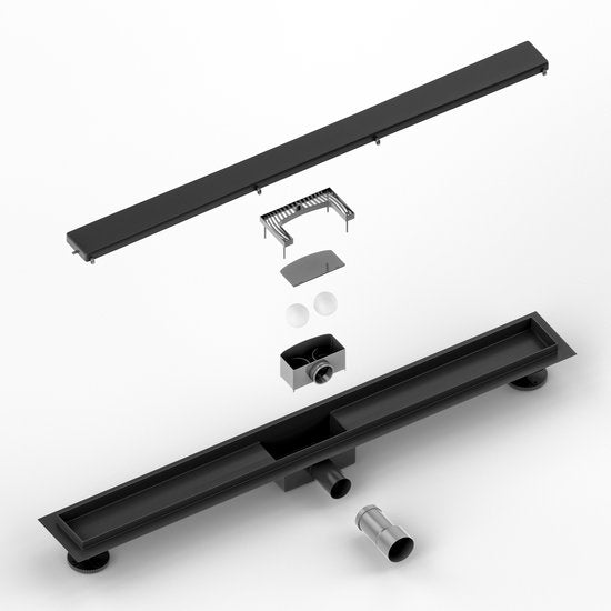 Duschrinne - 80cm - Mattschwarz - Gefliester Rost - Edelstahl - Mit Flansch