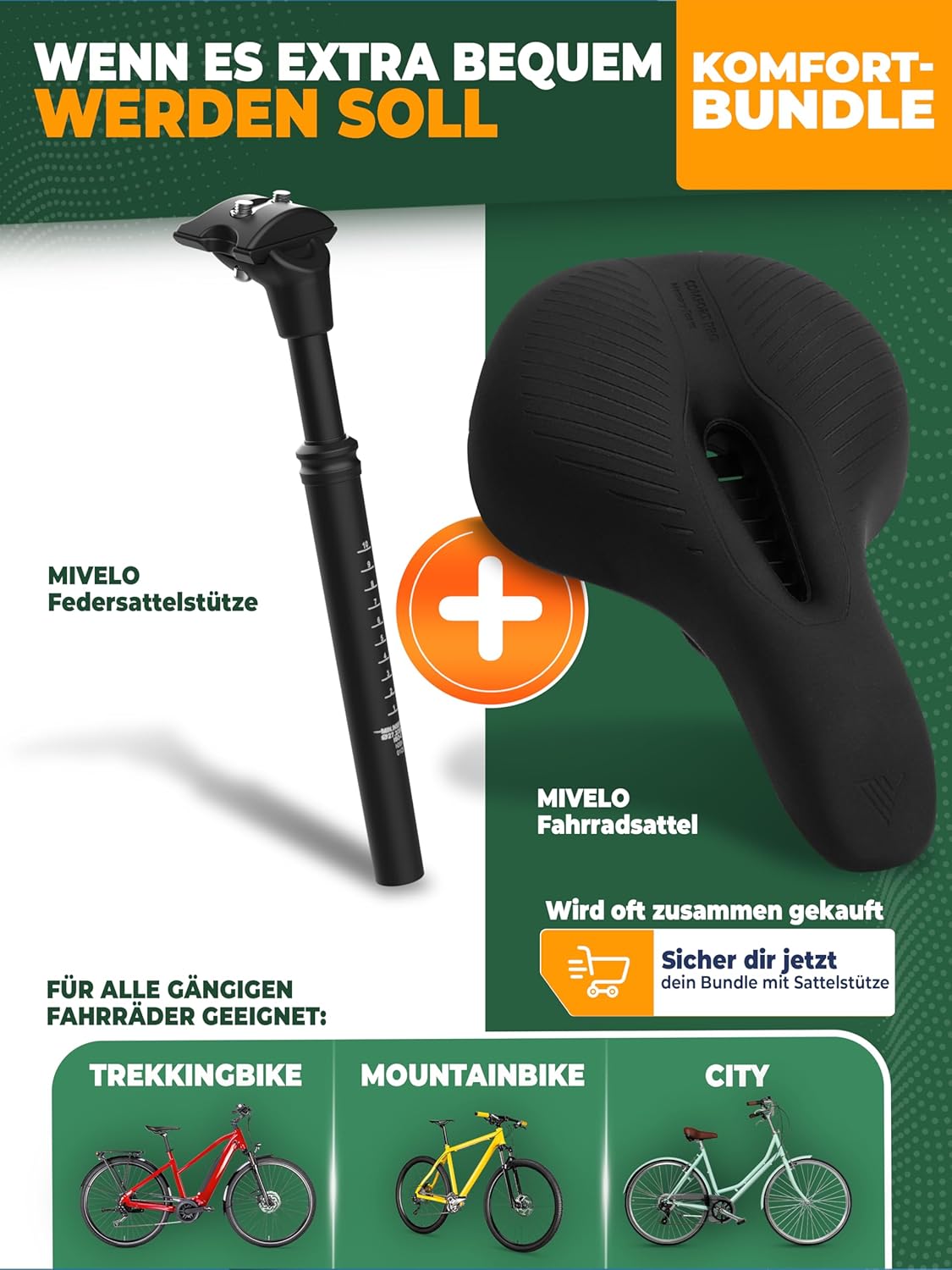 MIVELO ComfortPro gefederte Sattelstütze – 27,2/30,9/31,6 mm, Stoßdämpfung zur Entlastung des Rückens
