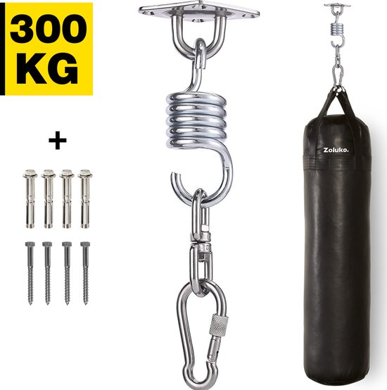 Zoluko Edelstahl-Aufhängesystem - 300 KG Tragkraft - 360° frei drehbar - schalldämpfende Feder - Boxsack-Aufhängesystem - Deckenhalterung - Deckenhaken - Aufhängehaken - Schraubhaken - Chrom