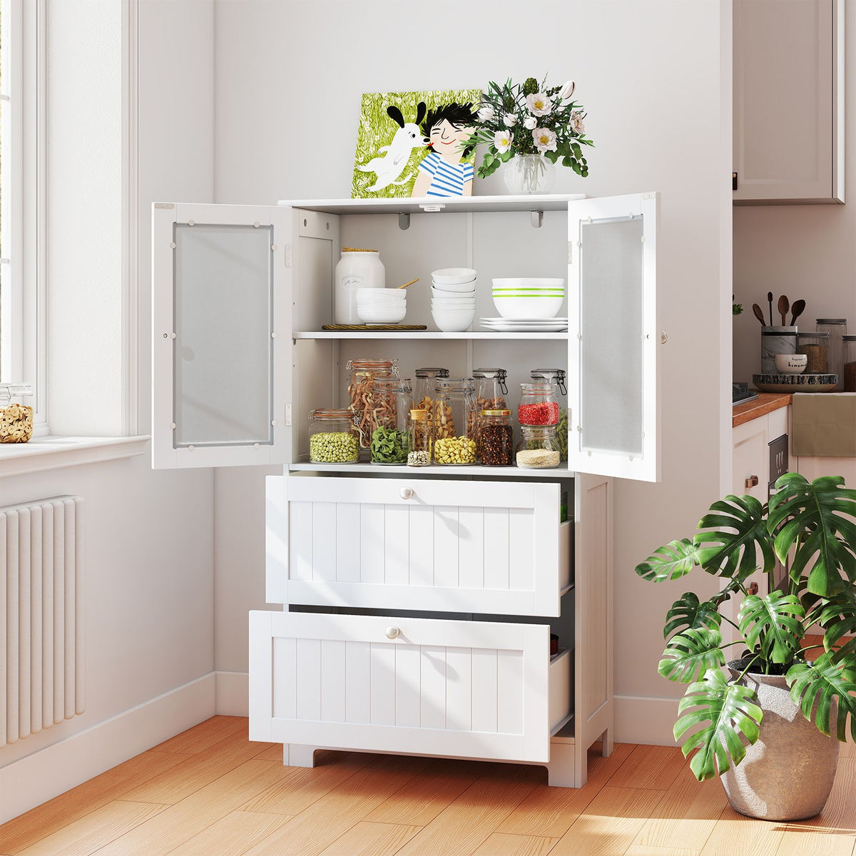 coast Freistehender Badezimmerschrank - 2 Schubladen & 2 Türen aus Milchglas - Verstellbarer Einlegeboden - 60 x 30 x 108 cm - Weiß