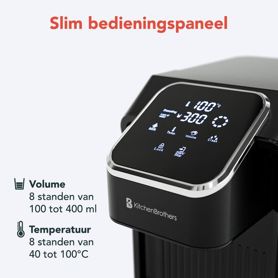KitchenBrothers Heißwasserspender - Heißwasserhahn - 40-100°C - 100/150/200/250/300/350/400 ml - Instant Wasserkocher - 2.7L - Schwarz