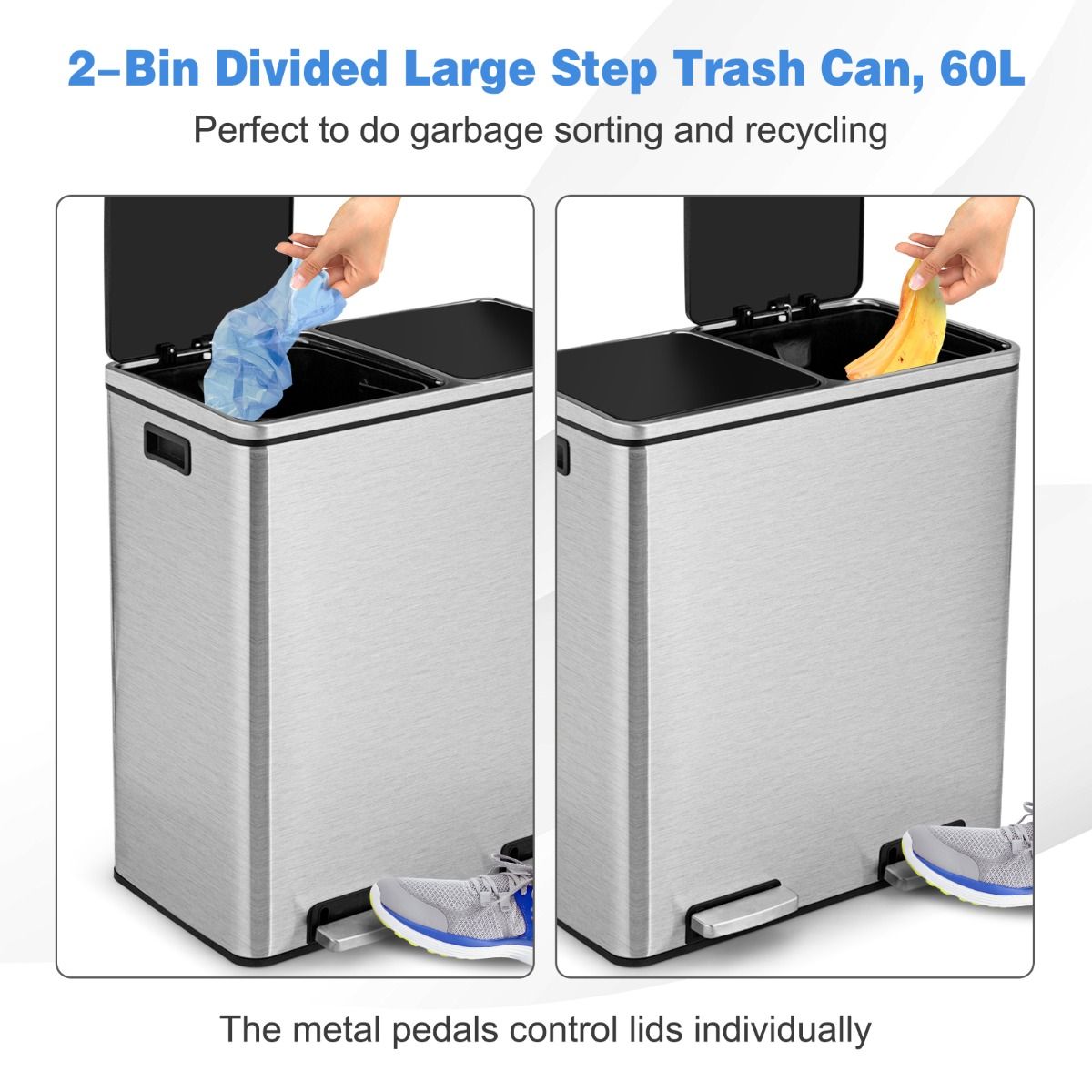 Coastal Double Waste Bin - 2x30L - Herausnehmbarer Inneneimer - Edelstahl - 58,5 x 32 x 65 cm - Silber