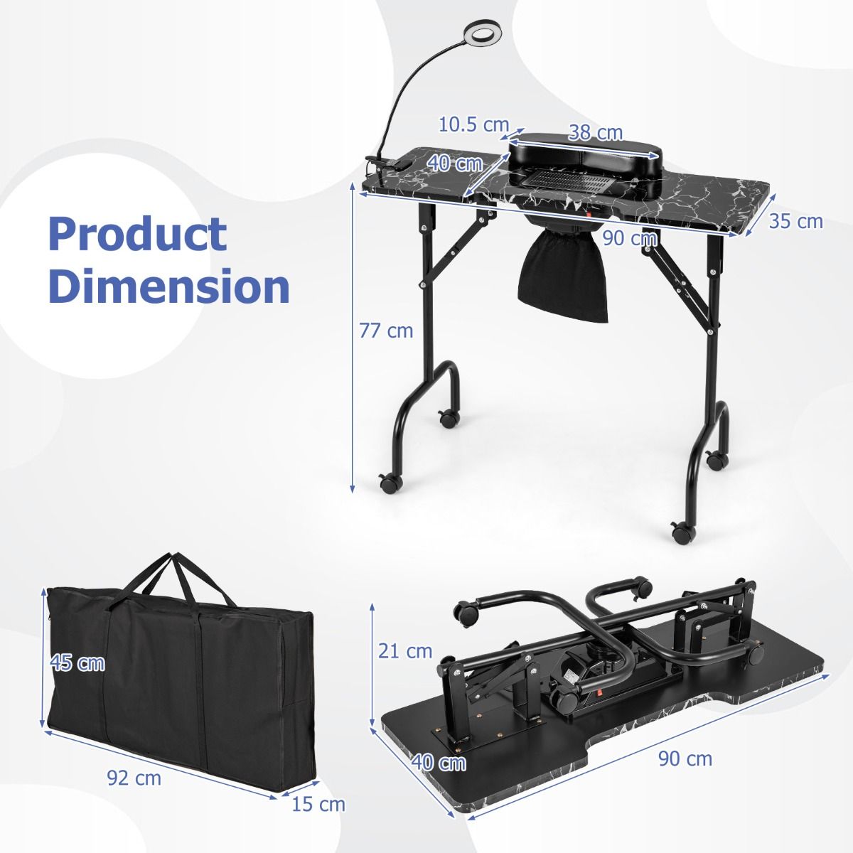 Coast Faltbarer professioneller Manikürtisch - 90 x 40 x 77 cm, Schwarz (Elektrische Staubabsaugung, LED-Lampe, Handgelenkkissen, Tragetasche)