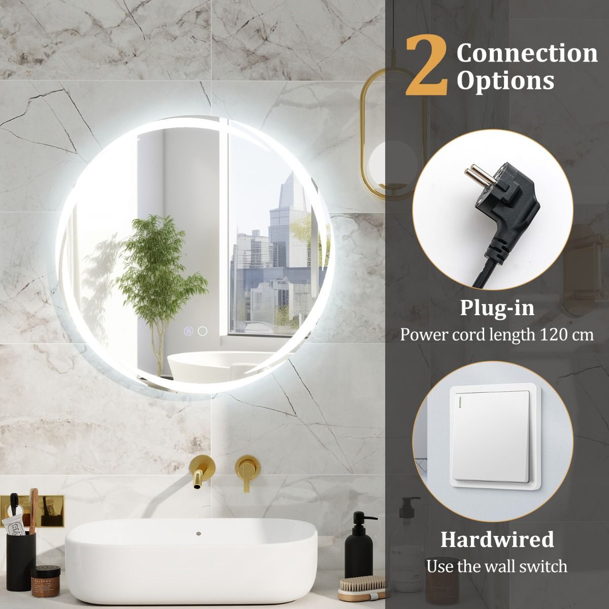 Coast 60x60 cm LED-Badezimmerspiegel Rund Silber mit dimmbarer 3-Farben-Beleuchtung, Anti-Beschlag und Memory-Funktion