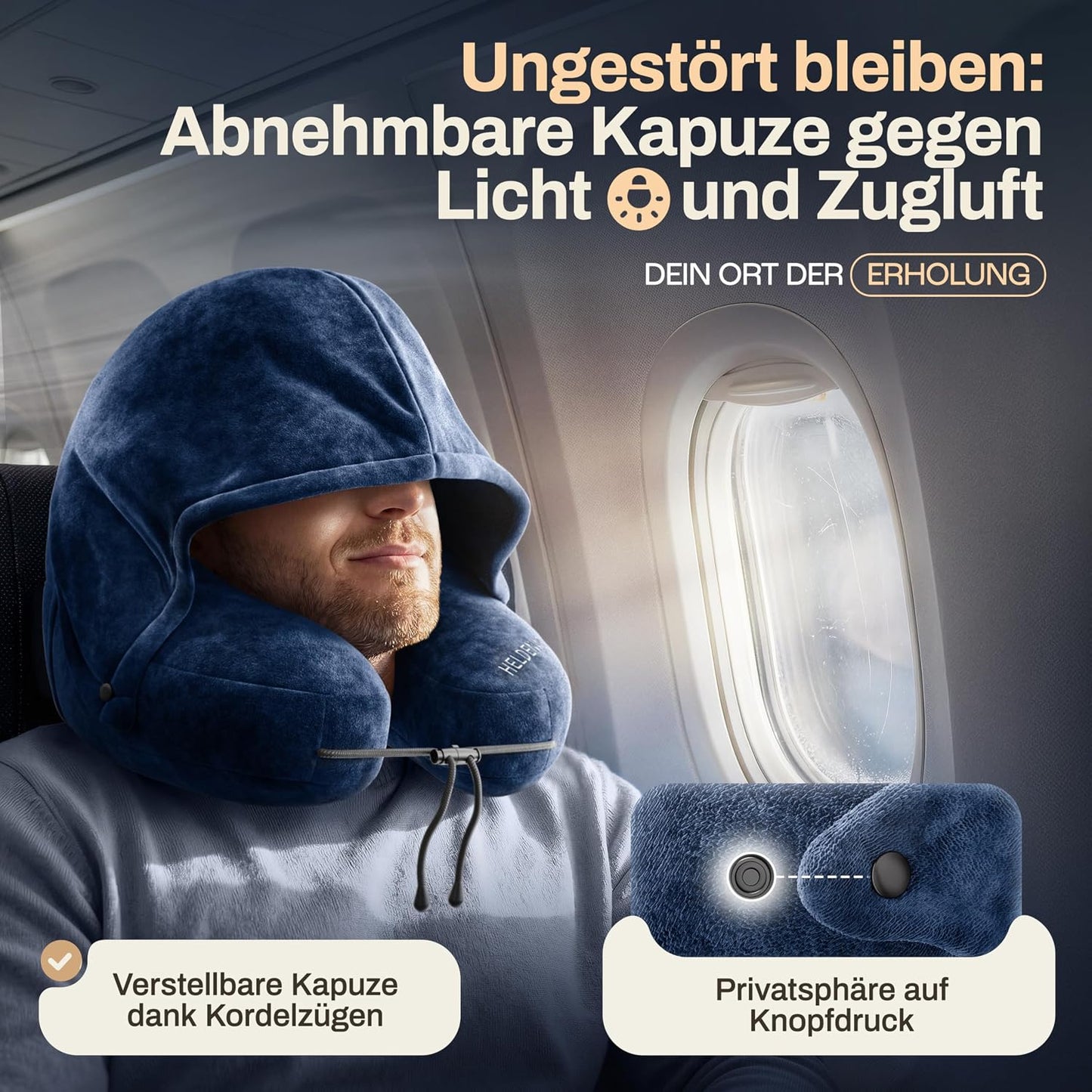 Heldenwerk Premium Air Aufblasbares Nackenkissen – Dunkelblau – Inklusive Kapuze und Ohrstöpseln