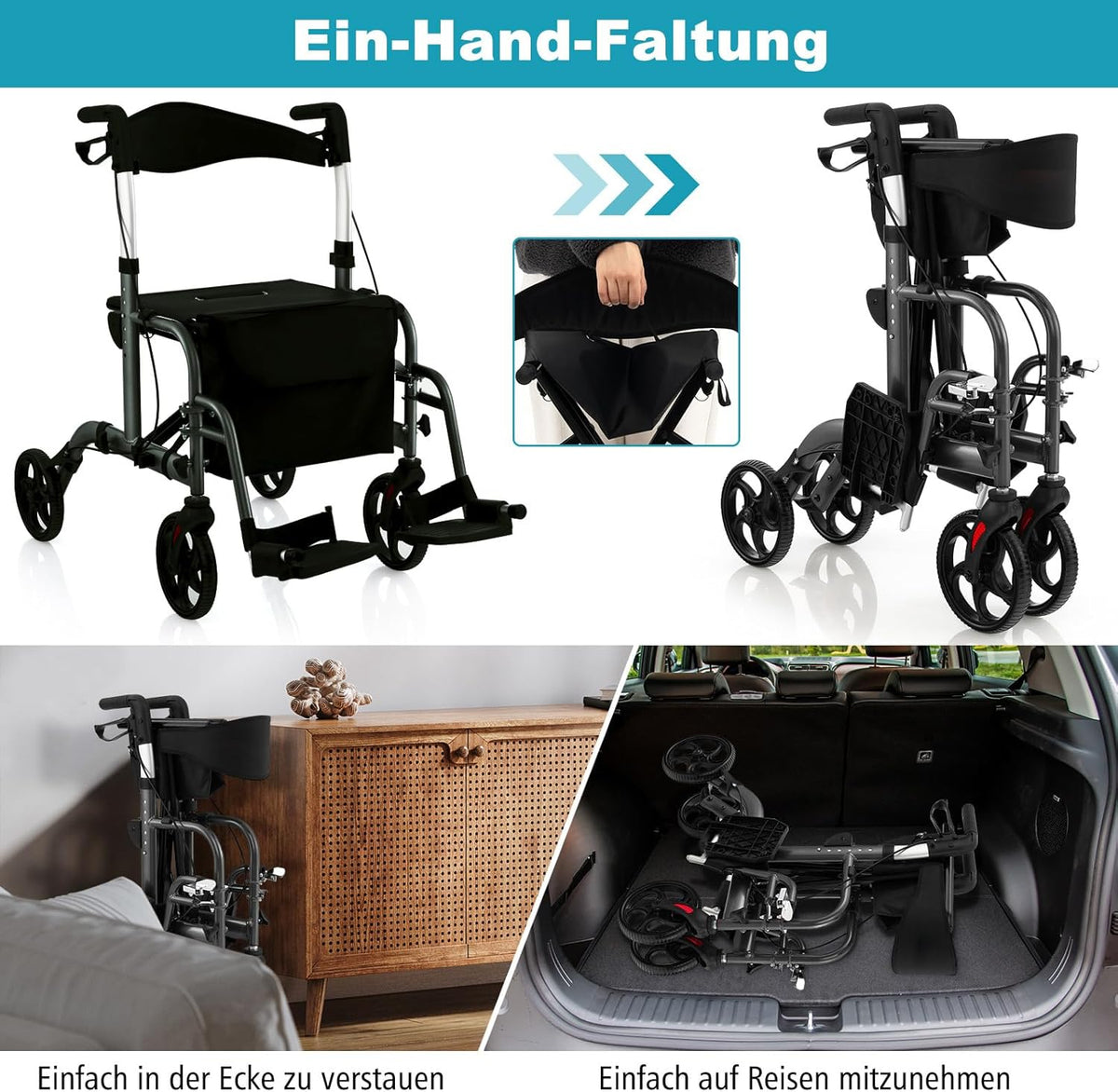 Coast Faltbarer Rollator - Multifunktional - Höhenverstellbar - Mit Tasche und Stockhalterung - Schwarz
