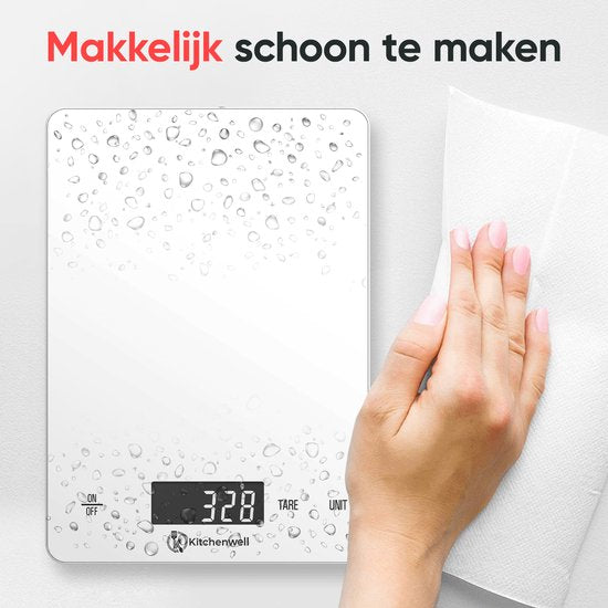 Kitchenwell Digitale Präzisionsküchenwaage - Küchenwaage - 1gr - 15kg - Tara-Funktion - USB wiederaufladbar - Weiß