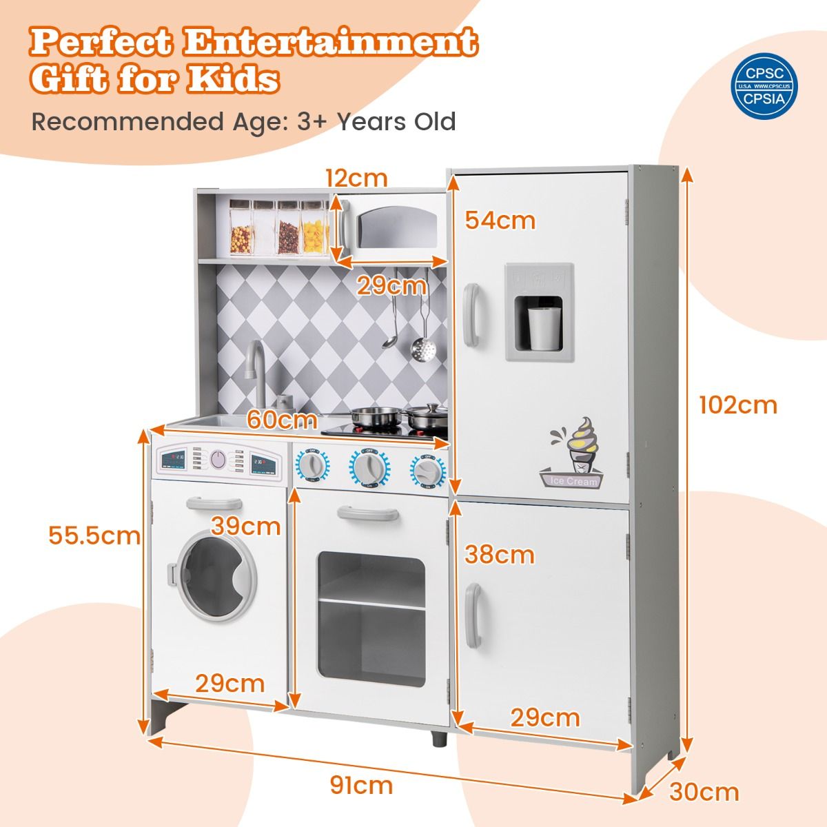 coast Spielküche für Kinder - Weiß - 91×30×102 cm - mit Eismaschine, Herd mit Licht & Sound, Waschmaschine, Backofen & Mikrowelle