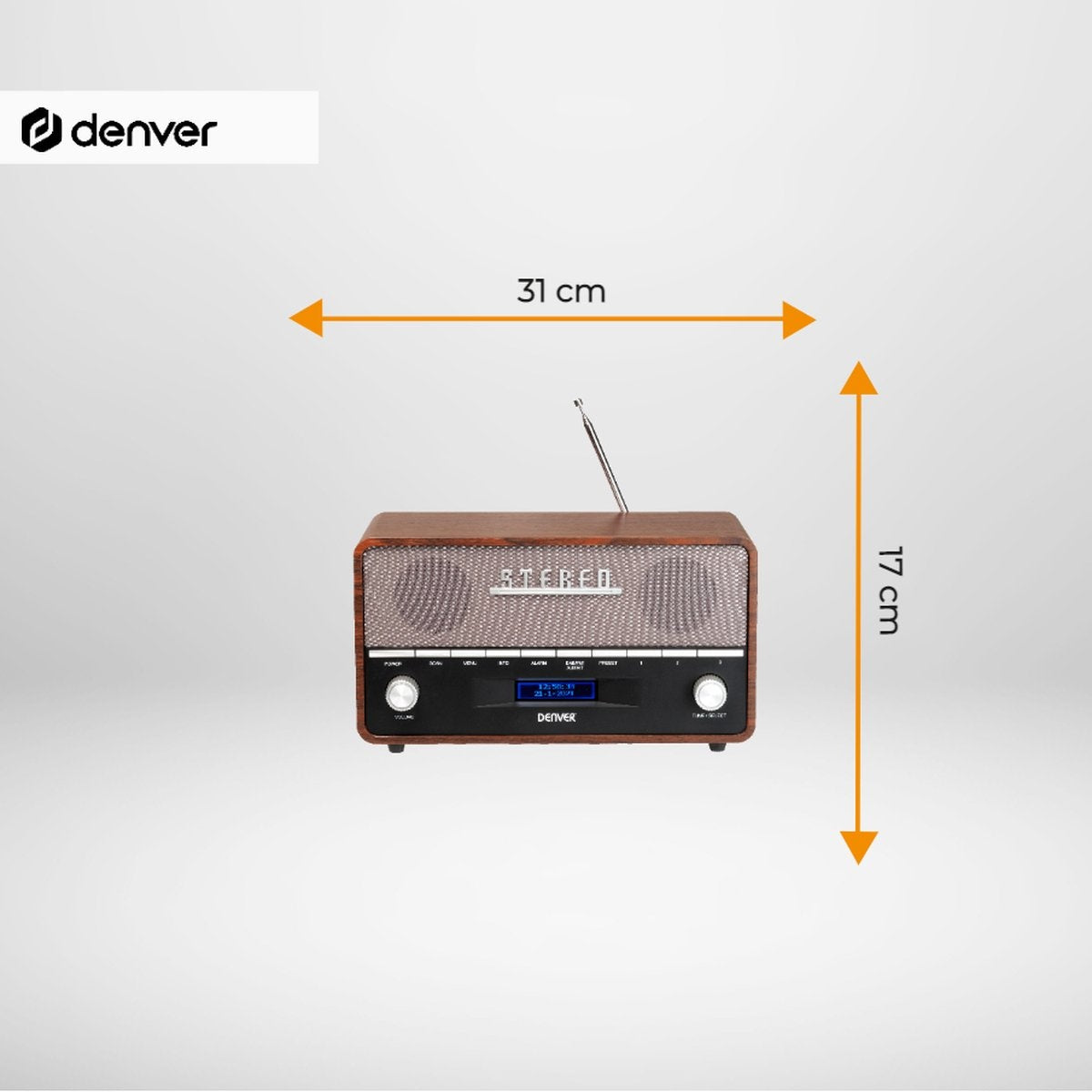 Denver DAB Radio - Retro Radio XL - DAB+/ FM Radio - Bluetooth - Dimmbar - 100W - Batterien & Netz - DAB36 - Holz
