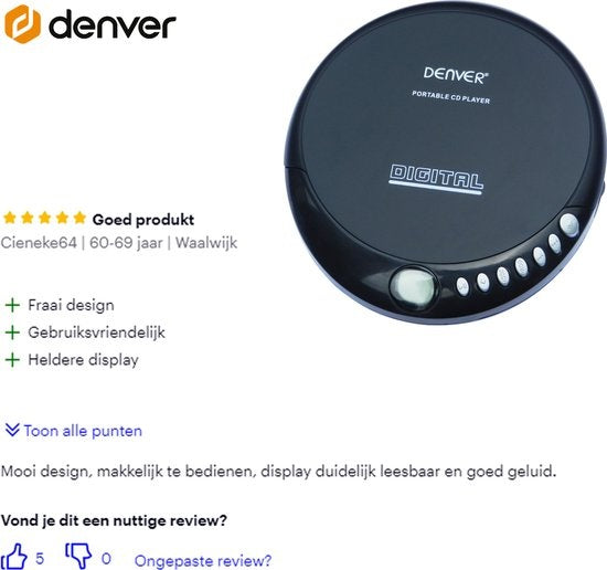 Denver Discman Tragbarer CD-Player - Inklusive Kopfhörer - CD/CD-R/CD-RW - Schwarz