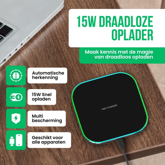 Strex Wireless Charger 15W - Inklusive Kabel - QI-Schnellladegerät - Wireless Charger - Schnellladegerät - LED-Anzeige
