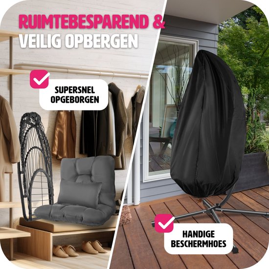 tectake - Luxuriöser Hängesessel - klappbarer und drehbarer Eiersessel mit Ständer - dicke Kissen - rutschfeste Füße - Schutzhülle inklusive. Ideal für Garten, Terrasse, Schlafzimmer - dunkelgrau