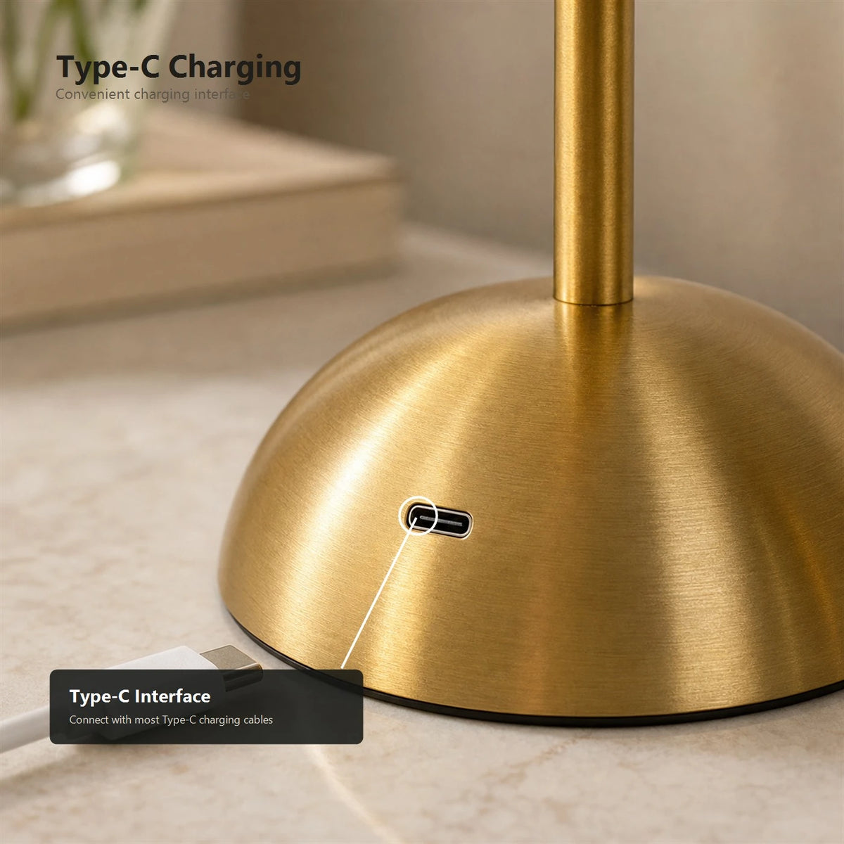 Kabellose LED-Tischlampe mit Touch-Bedienung – 3 Lichtfarben – stufenlos dimmbar – 1800 mAh – über USB-C aufladbar – 8–10 Stunden – Gold