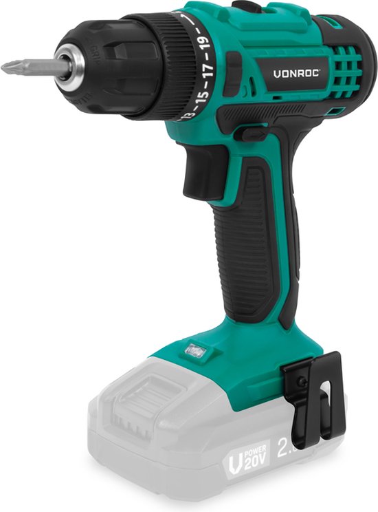 VONROC Akku-Bohrmaschine 20V - 19 Schraubpositionen + Bohrposition - Inkl. 2 Bits - Exkl. Akku und Schnellladegerät