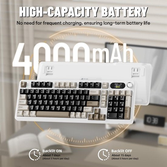 ATTACK SHARK X98 – Kabellose mechanische Gaming-Tastatur – TFT-Display – Multifunktions-Drehregler – PBT-Tastenkappen – Tri-Mode (kabelgebunden/2,4 GHz/Bluetooth) – Gasket-Mod – 98 Tasten – Cheese White