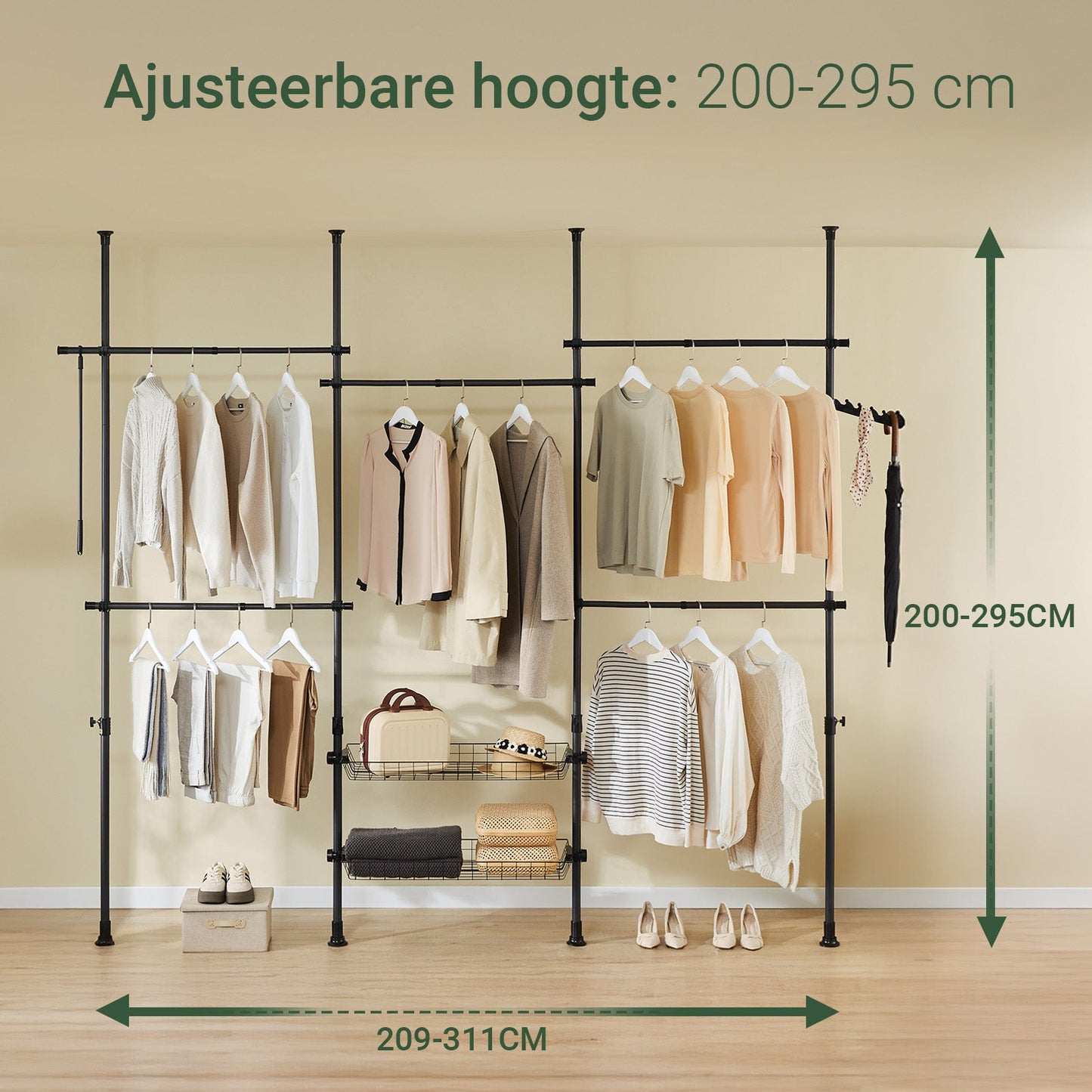 SoBuy Teleskop-Kleiderständer KLS04-II-SCH - 209-311 × 200-295 cm - Schwarz - Verstellbarer offener Kleiderschrank mit Stangen und Fachböden