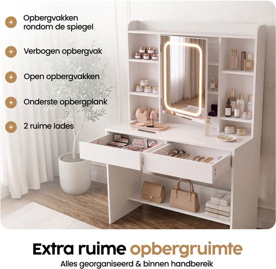 Infinity Goods Schminktisch mit LED-Spiegel – Make-up-Tisch – Besonders viel Stauraum – Dimmbar – Weiß