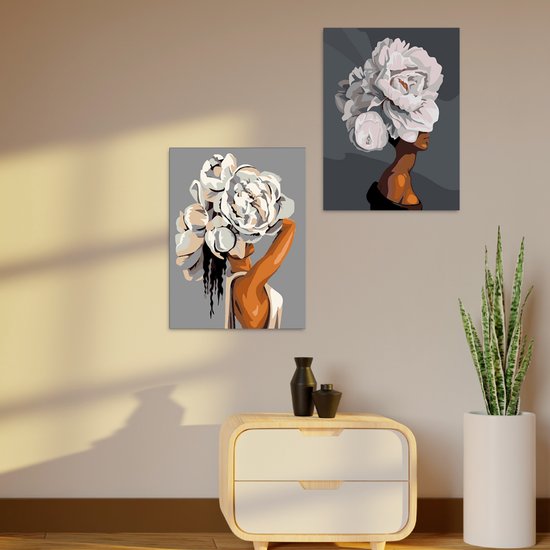 Rubye® Malen nach Zahlen Erwachsene - Blumenkopf - Inklusive Farbe und Pinsel - Malen auf Leinwand - Malen nach Zahlen - Doppelset - 15x20cm