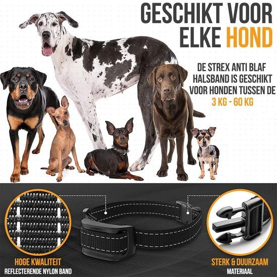 Strex - Anti-Bellband für Hunde - 3-60kg - kein Schock - Vibration und Audio - IP67 Wasserdicht - Schwarz