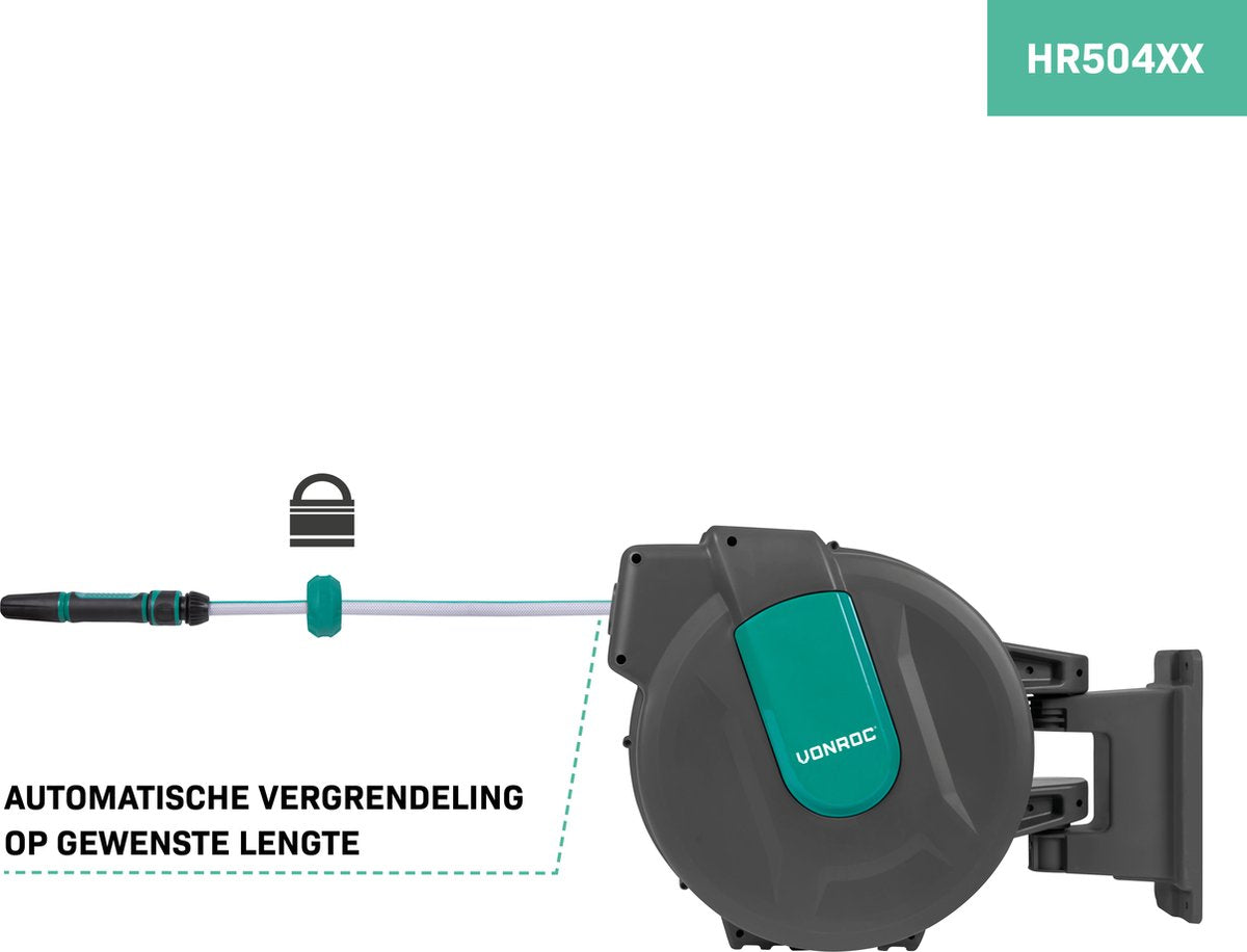 VONROC Wand-Schlauchbox - Inkl. 35m Gartenschlauch, Verbindungsschlauch, Tülle, Kupplungen & Wasserhahnanschluss - Automatisches Aufrollsystem