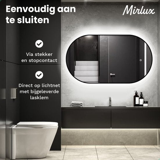 Mirlux Badezimmerspiegel mit LED-Beleuchtung & Heizung - Wandspiegel Oval - Anti-Kondensations-Duschspiegel - Schwarz - 90x50CM