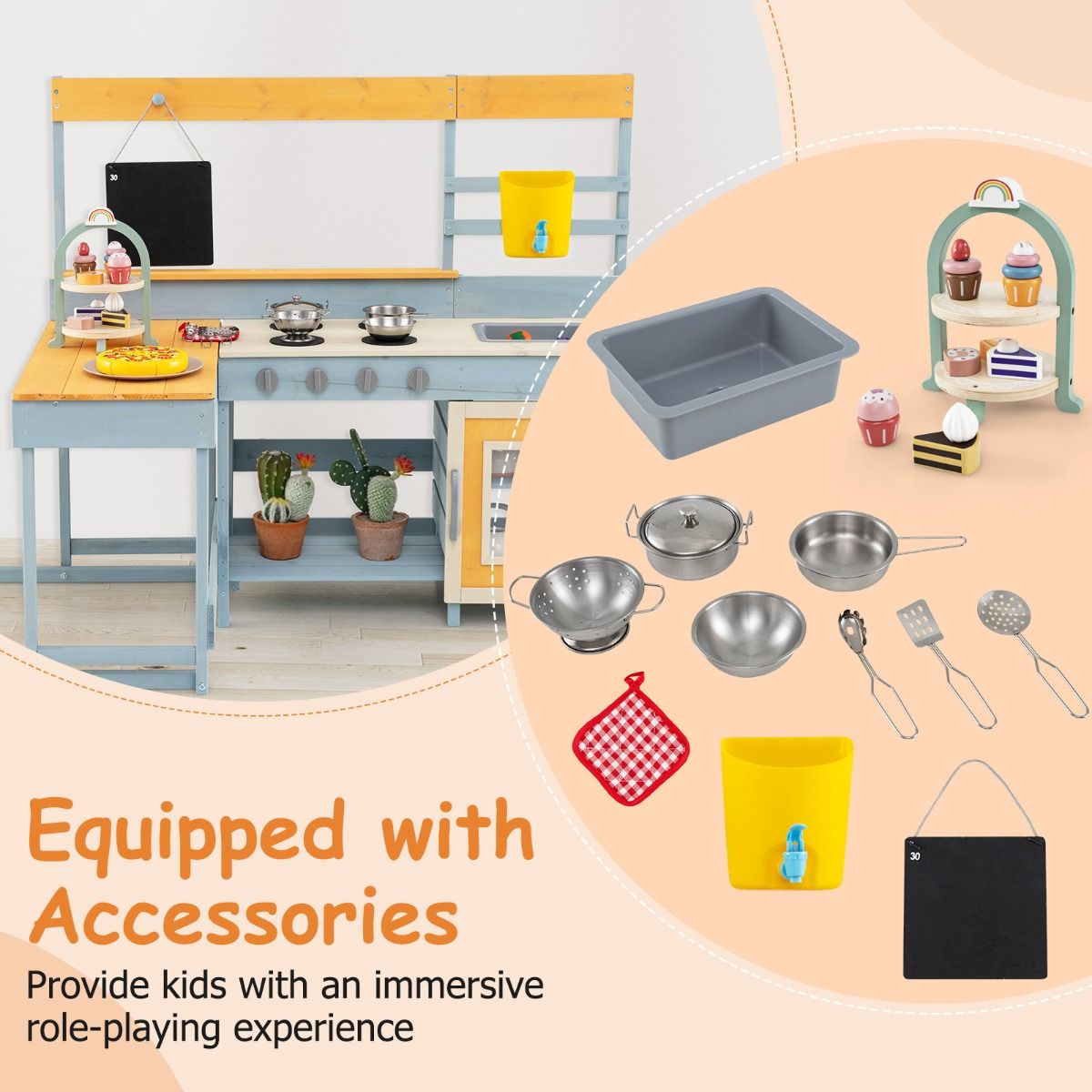 Coast Spielküche für Kinder – 2-in-1-Spielküche und Essecke – mit Stauraum und Zubehör – grau – 150 x 71 x 99 cm