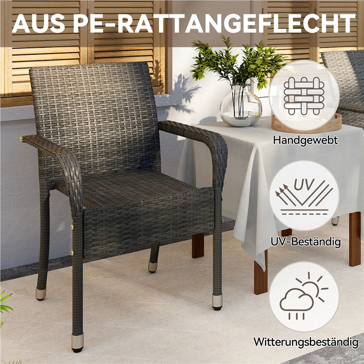 Yaheetech 2er-Set stapelbare Gartenstühle aus PE-Rattan, 58 x 58 x 84 cm – stilvolles Grau – Rattan und Metall