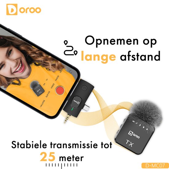 Doroo® Professionelles drahtloses Mikrofon – 2 Stück – Lavalier-Mikrofon – Windschutz – Extra lange Akkulaufzeit – Krawattenklammer – Professionelle Audioqualität – USB-C/Lightning/AUX-Funkmikrofon für iPhone und Android – Plug & Play – Zwei Jahre Garanti