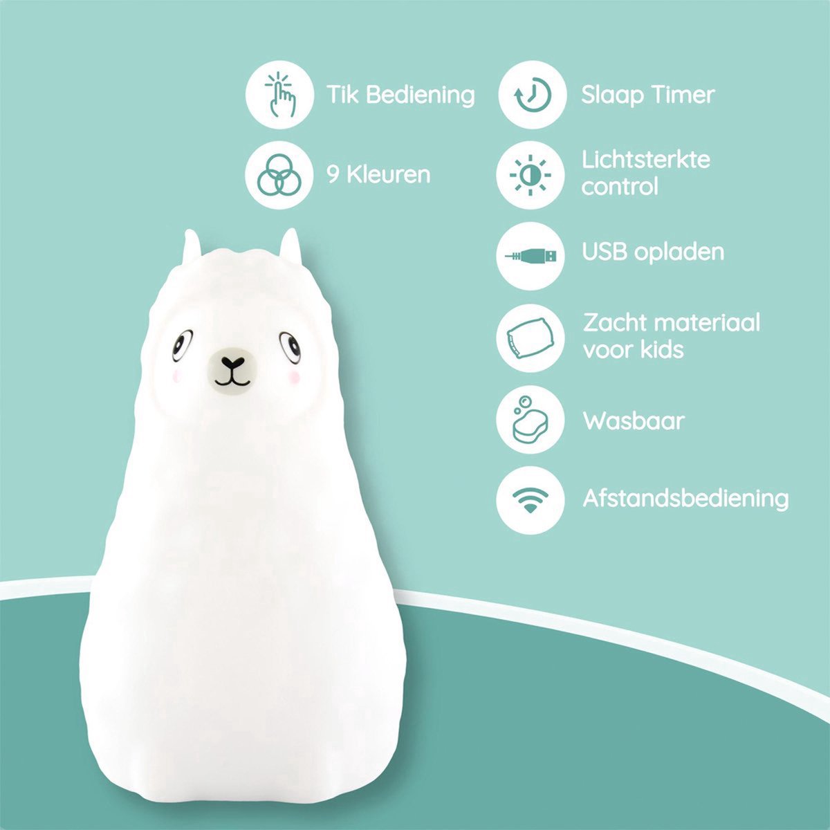 Sleepy Friends Kinder-Nachtlicht Lama - 95x97x100 mm - 8 Farben - USB Wiederaufladbar - Dimmbar - Nachtlicht Baby & Kind