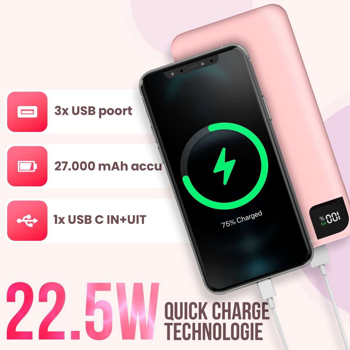 Strex Powerbank Pink - 27.000 mAh - 22,5W Schnellladegerät - USB-A/USB-C - LED-Anzeige - Universal-Powerbank u.a. geeignet für iOS/Android