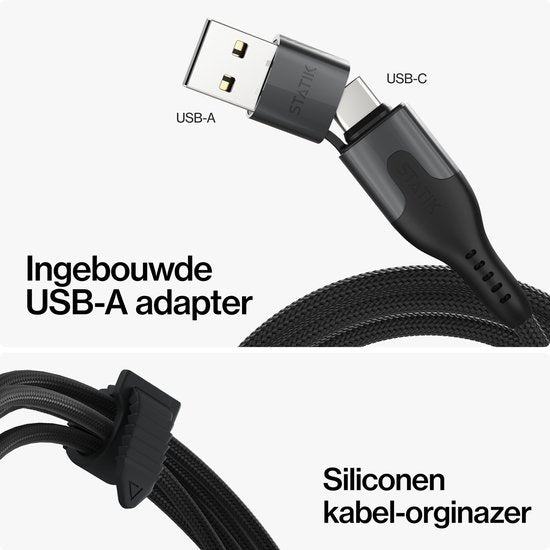 Statik PowerPivot Pro 360 – USB-C/USB-A auf USB-C – 1 m – 100 W – 480 Mbit/s Datenübertragung – Nylon-Geflecht – Schwarz