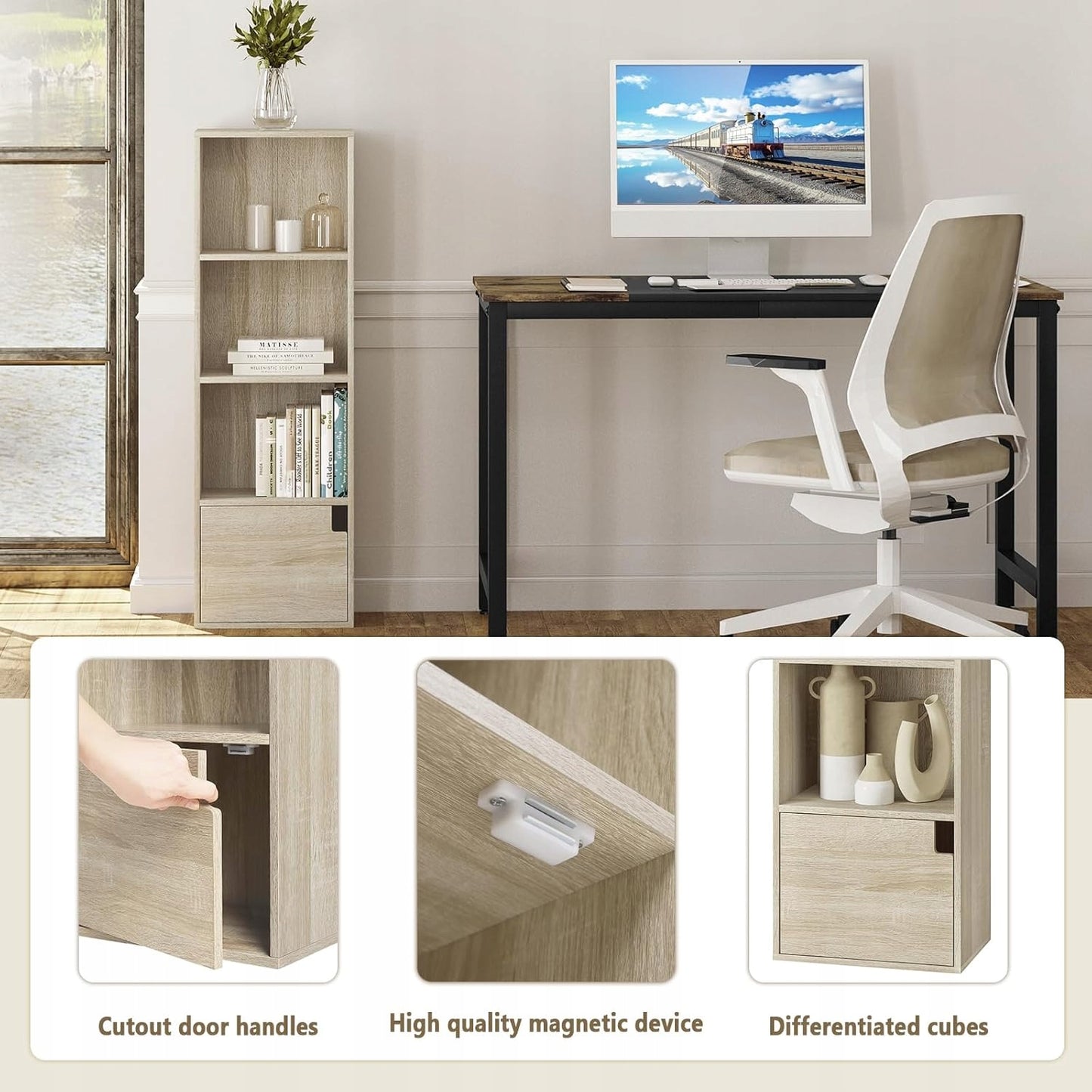 Woltu Schmaler Bücherschrank mit Tür – Helles Eiche – 34 x 106 x 24 cm