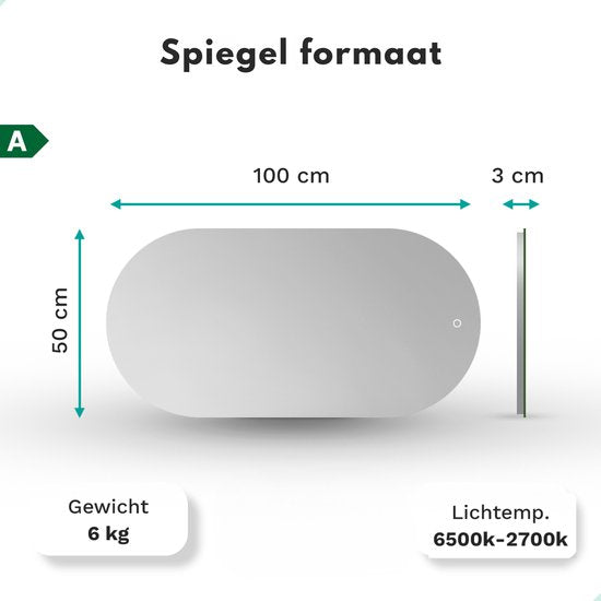 Mirlux Badezimmerspiegel mit LED-Beleuchtung & Heizung - Wandspiegel Oval - Schwarzer Rahmen - 100x50CM