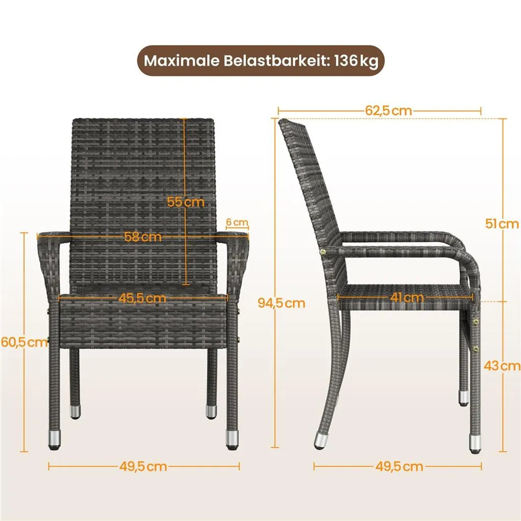 Yaheetech Gartenstühle – 2er-Set – PE-Rattan – stapelbar – mit Armlehnen – grau