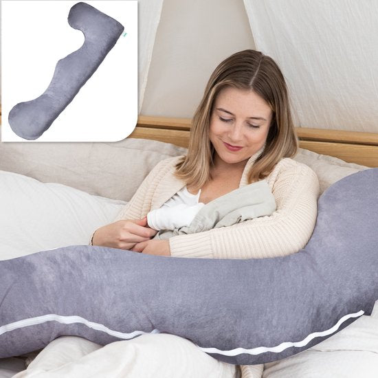 Litollo® Schwangerschaftskissen XL – Stillkissen – Körperkissen – Body Pillow – 140 cm – Abnehmbarer Bezug – Grau – Fleece