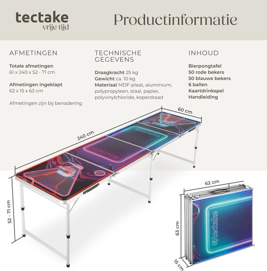 tectake® Bier-Pong-Tisch - Mit Partydekoration - LED-Beleuchtung - Bier-Pong-Tisch höhenverstellbar und klappbar - Trinkspiel mit Zubehör - 100x Plastikbecher, 6x Tischtennisbälle, Kartenspiel mit Karten