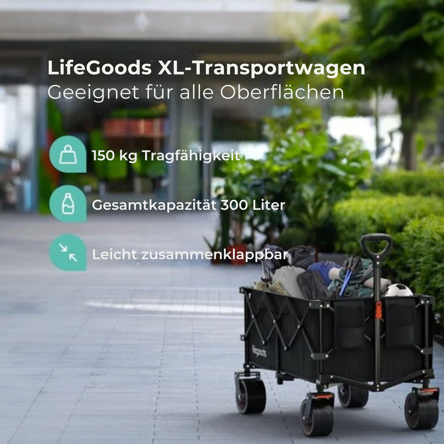LifeGoods Wagon - XXL - Faltbar - 300L - 150KG Tragfähigkeit - Schwarz