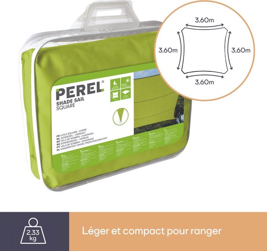 Perel Schattentuch, wasserabweisend, 3,6 x 3,6 m, 160 g/m², Polyester, quadratisch, lindgrün