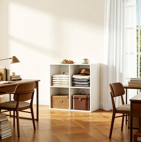 FloraGrace Bücherregal – Offenes Regal mit 4 Fächern – 59,6 x 59,8 x 29,5 cm – Holz – Weiß – Standregal für Wohnzimmer oder Büro