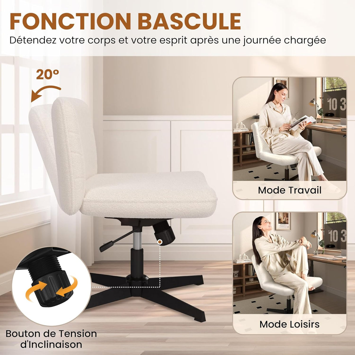 Yaheetech Ergonomischer Bürostuhl – Elfenbein – Bouclé – Verstellbare Sitzhöhe – Um 360° drehbar – Kreuzfuß