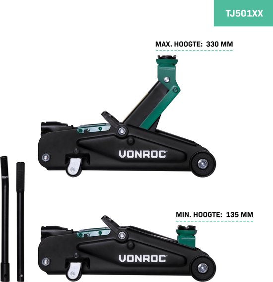 VONROC Wagenheber - Garagenwagenheber - 2 Tonnen - Max. 33 cm. - Inkl. langem Hebegriff