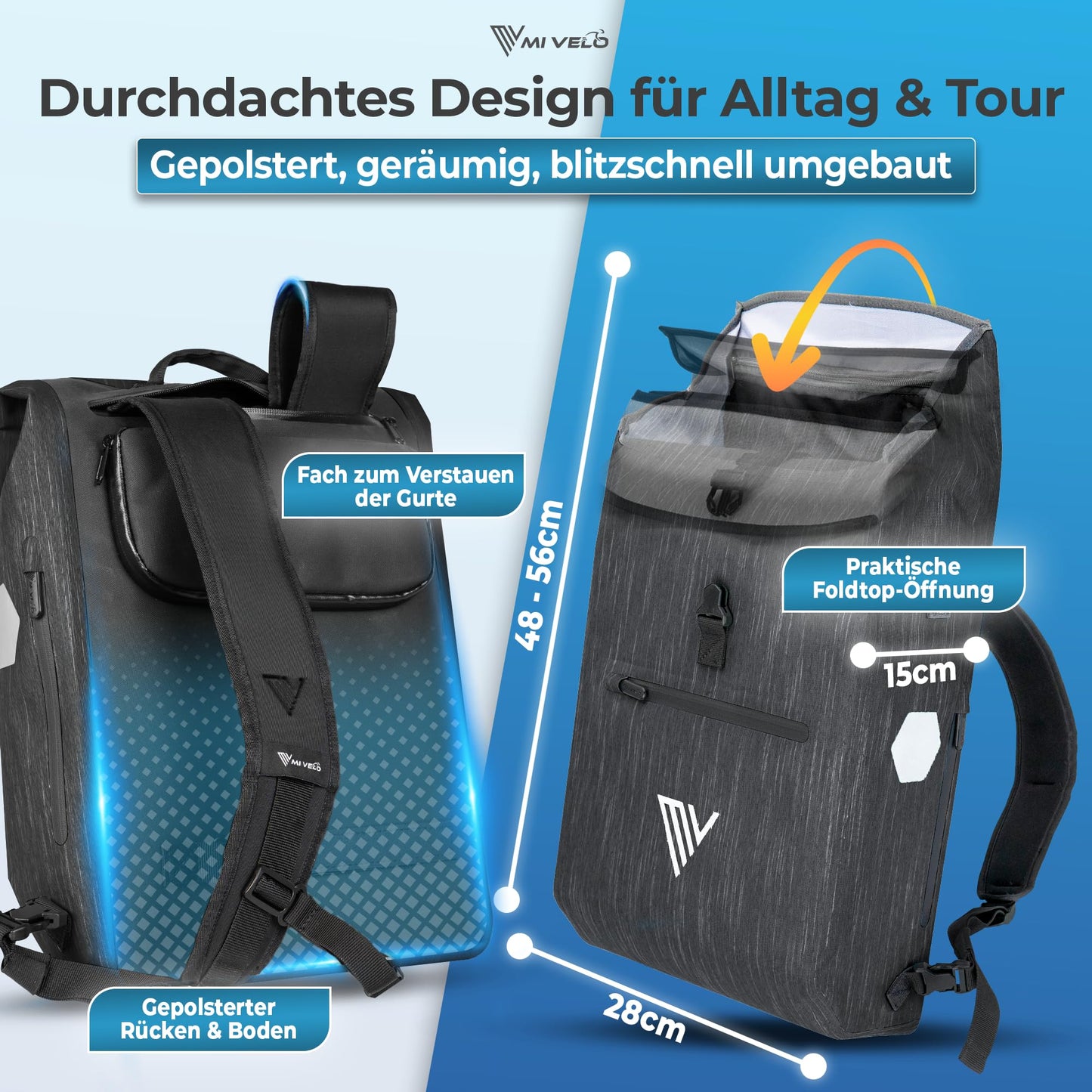 MIVELO - 3-in-1-Fahrradtasche – Wasserdicht – Gefüttertes Laptopfach – Reflektoren - 20 Liter - Graphitfarben
