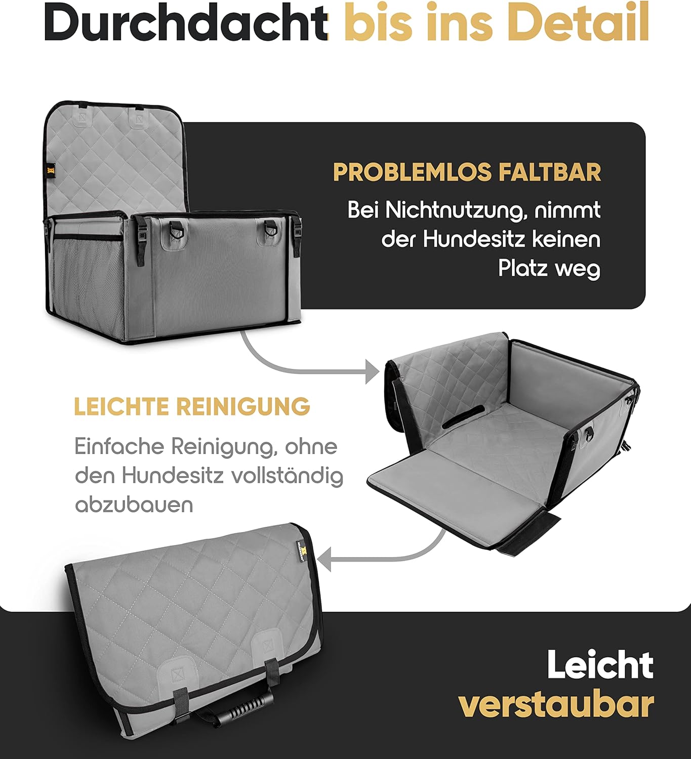 HELDENWERK Hundeautositz, extra stabil, verstärkte Wände, 5 Gurte, wasserdichter Hundeautositz für Rück- und Vordersitz, grau, Standardgröße